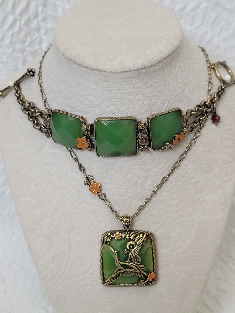 🎋Lucky Brand Green Faceted Layered Pendant Necklace Set